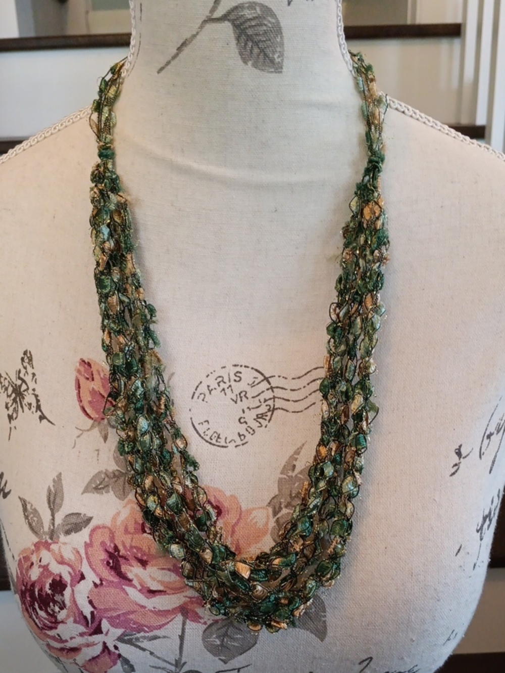 + Handcrafted Adjustable Crochet Multi-Strand Green & Gold Necklace